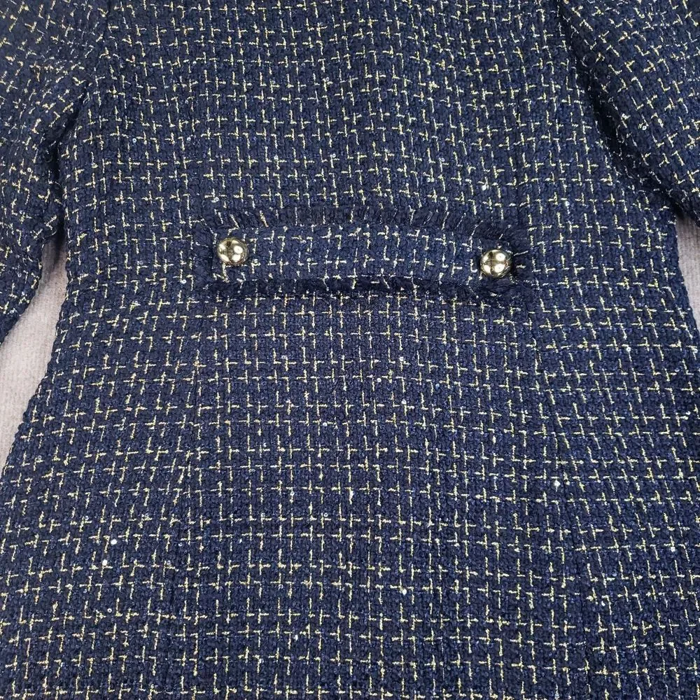 Sail to‎ Sable Tweed Coat Womens Size Large Long Blue Gold Button Front Sequence